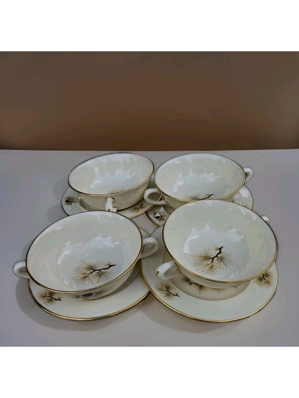 4 Vintage Pine By Lenox W-331 Soup Cup & Saucer Bread Plate Mint Condition
